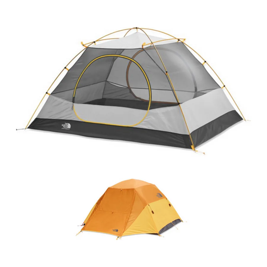 Two-person dome tent, with and without the rain fly